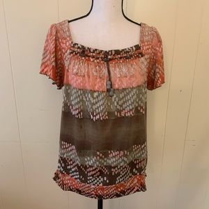 NEW DIRECTIONS Blouse Top Multicolor Patterned Peasant Boho Small Like New LN